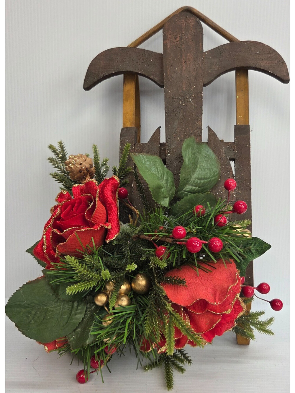 Vintage Christmas Sled Wall Decor Red Roses Berries Pine Holiday Floral 13"
